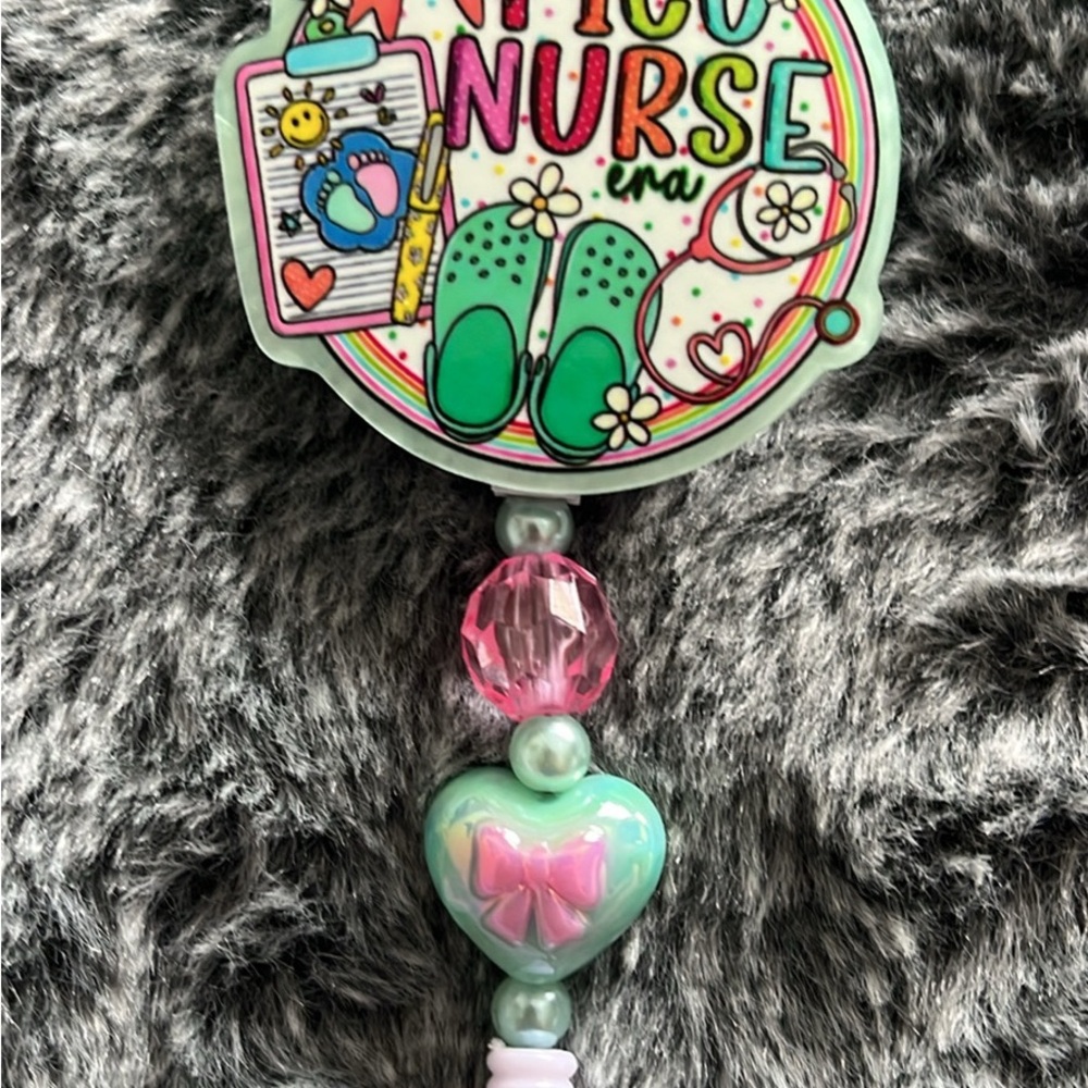 Cute Nurse Badge Reel with Mint & Pink Heart Charm